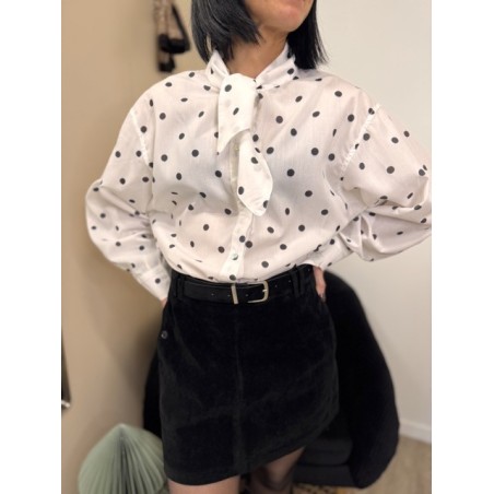 Chemise oversize blanche à pois noirs avec nœud au col – S/M M/L | Xmas Chic