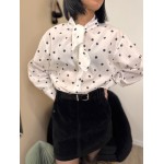 Chemise oversize blanche à pois noirs avec nœud au col – S/M M/L | Xmas Chic