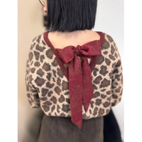 Pull léopard avec col bordeaux et nœud dentelle – Femme | Boutique Melle Jeanne