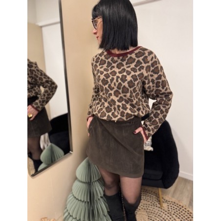 Pull léopard avec col bordeaux et nœud dentelle – Femme | Boutique Melle Jeanne