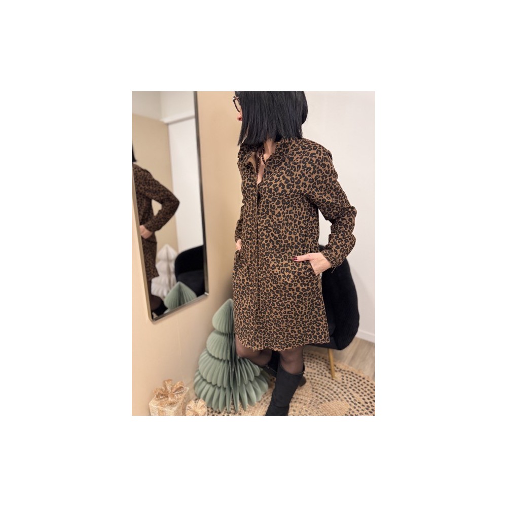 Robe chemise en jean léopard boutonnée – S M L | Nouvelle collection