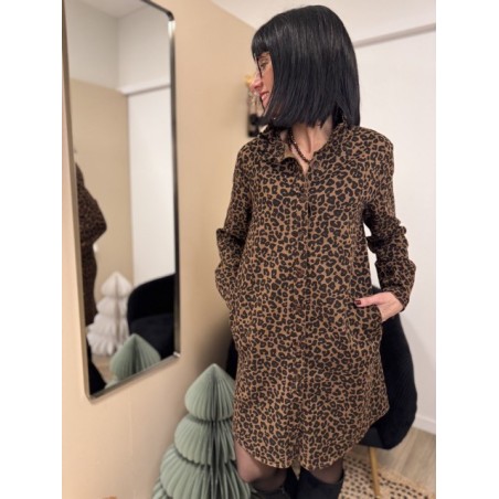 Robe chemise en jean léopard boutonnée – S M L | Nouvelle collection