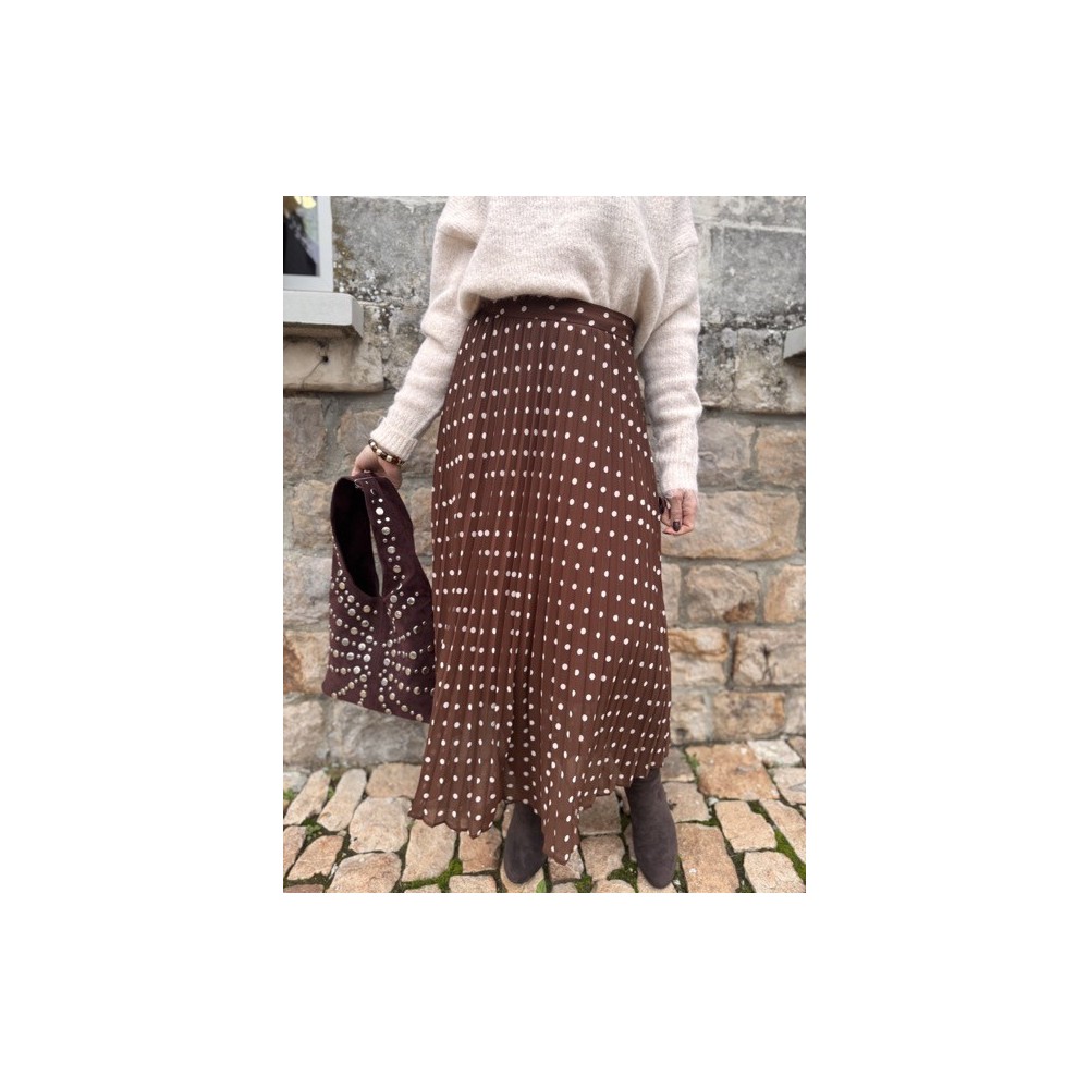 Jupe longue marron à pois blancs – Style rétro chic | Boutique Melle Jeanne