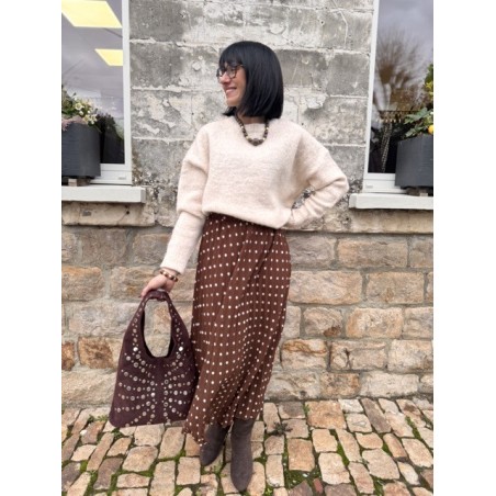 Jupe longue marron à pois blancs – Style rétro chic | Boutique Melle Jeanne