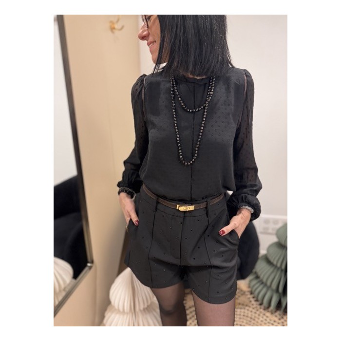 Blouse noire à pois col montant manches bouffantes | Melle Jeanne