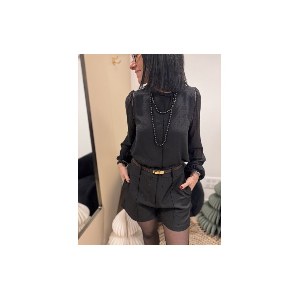 Blouse noire à pois col montant manches bouffantes | Melle Jeanne