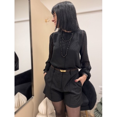 Blouse noire à pois col montant manches bouffantes | Melle Jeanne