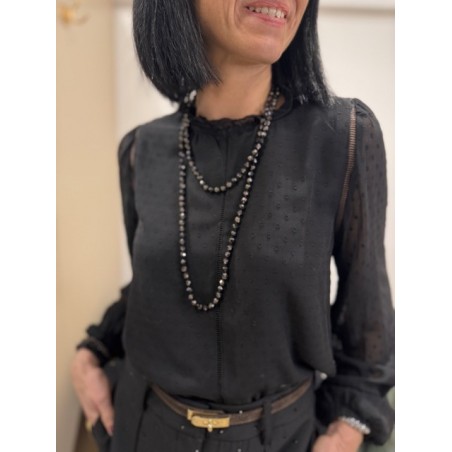 Blouse noire à pois col montant manches bouffantes | Melle Jeanne