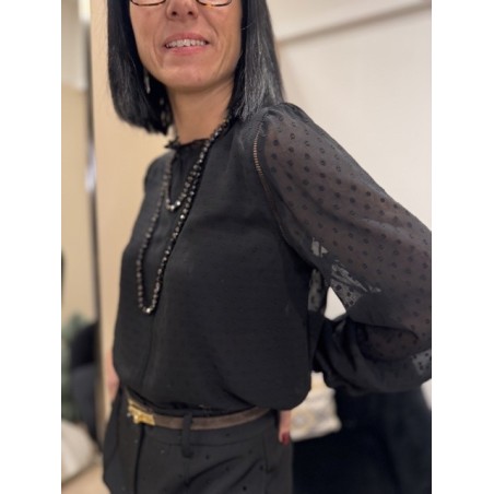 Blouse noire à pois col montant manches bouffantes | Melle Jeanne