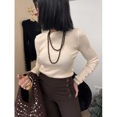 Pull Côtelé Noir ou Blanc – Boutons Dorés aux Manches | Chic Intemporel