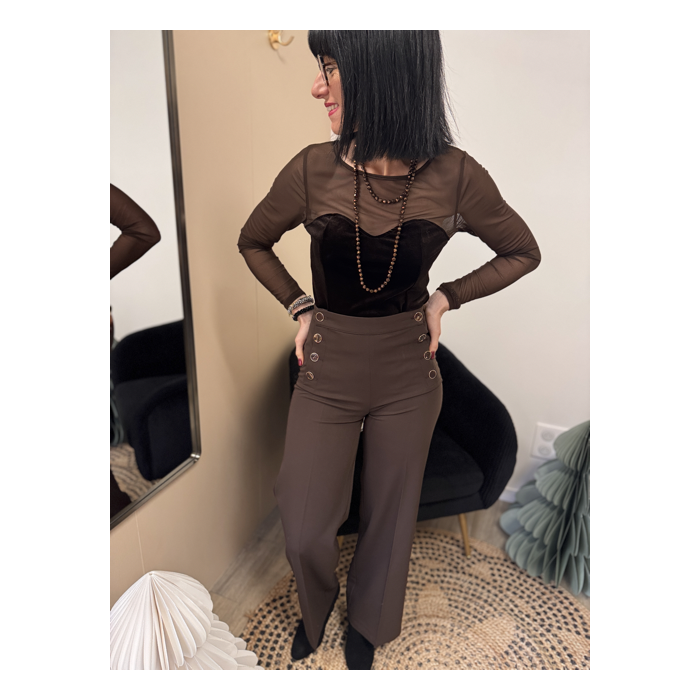 Body Voile Marron Effet Bustier Velours Noir | Élégance & Féminité