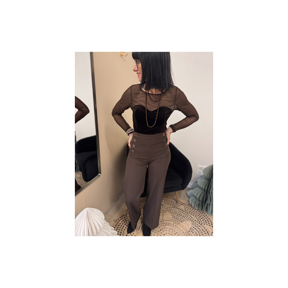 Body Voile Marron Effet Bustier Velours Noir | Élégance & Féminité