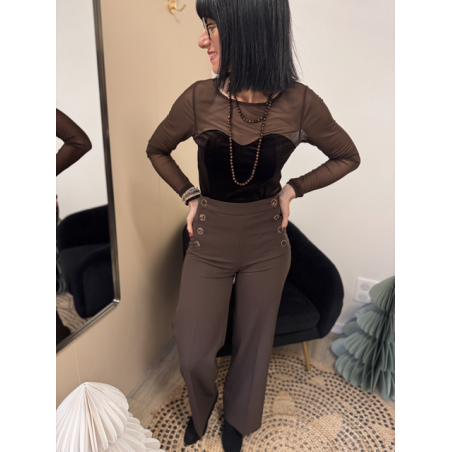 Body Voile Marron Effet Bustier Velours Noir | Élégance & Féminité