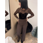 Body Voile Marron Effet Bustier Velours Noir | Élégance & Féminité