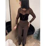 Body Voile Marron Effet Bustier Velours Noir | Élégance & Féminité