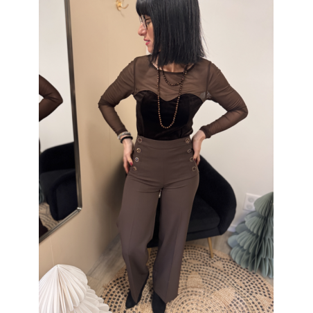 Body Voile Marron Effet Bustier Velours Noir | Élégance & Féminité