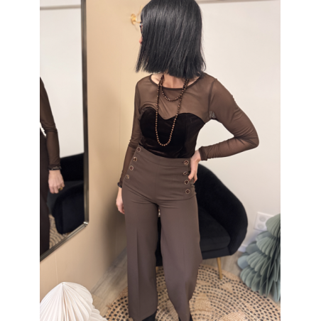 Body Voile Marron Effet Bustier Velours Noir | Élégance & Féminité