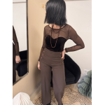 Body Voile Marron Effet Bustier Velours Noir | Élégance & Féminité
