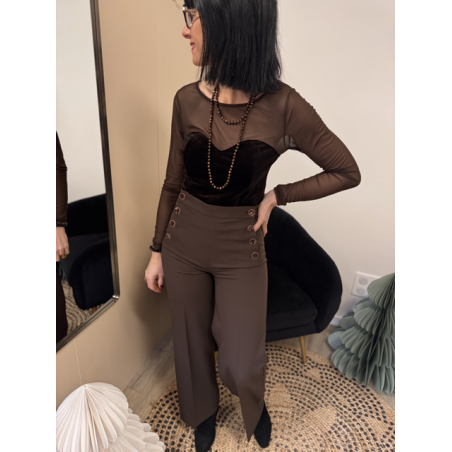 Body Voile Marron Effet Bustier Velours Noir | Élégance & Féminité