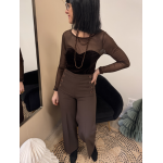 Body Voile Marron Effet Bustier Velours Noir | Élégance & Féminité