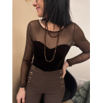 Body Voile Marron Effet Bustier Velours Noir | Élégance & Féminité