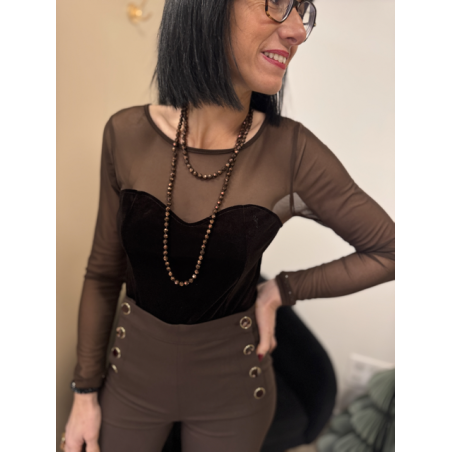 Body Voile Marron Effet Bustier Velours Noir | Élégance & Féminité