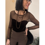 Body Voile Marron Effet Bustier Velours Noir | Élégance & Féminité