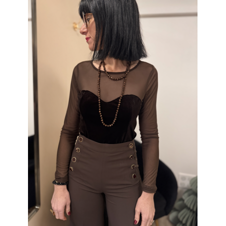 Body Voile Marron Effet Bustier Velours Noir | Élégance & Féminité