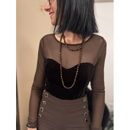 Body Voile Marron Effet Bustier Velours Noir | Élégance & Féminité