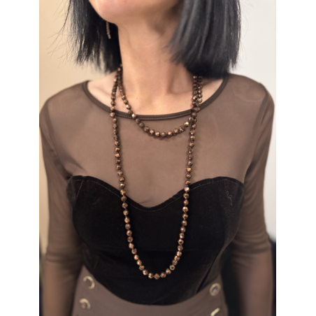 Sautoir en Perles Brillantes Noir ou Marron – Porté Double | Élégance Intemporelle