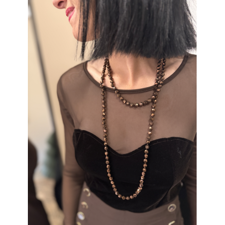 Sautoir en Perles Brillantes Noir ou Marron – Porté Double | Élégance Intemporelle