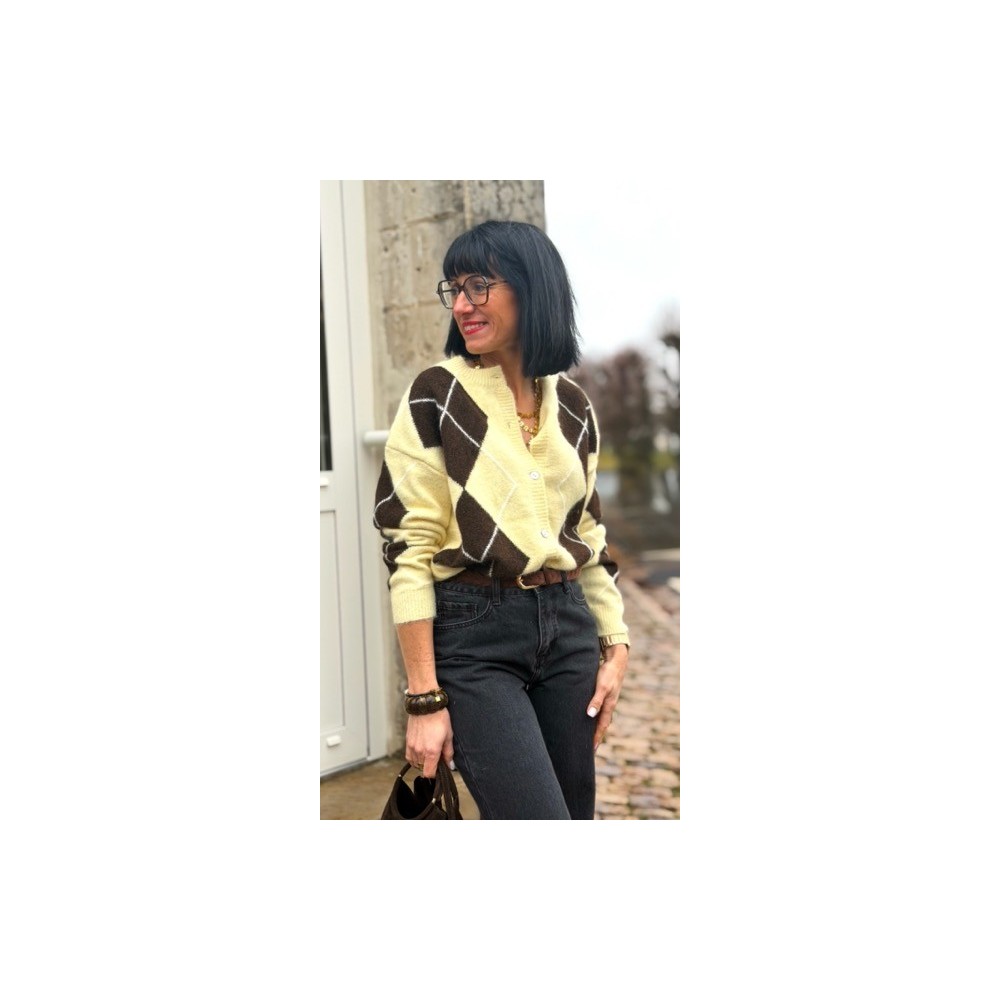 gilet jacquard jaune et marron – Femme | Boutique Melle Jeanne