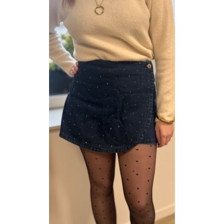 Jupe-short en jean foncé à strass – Femme | Mode chic & tendance