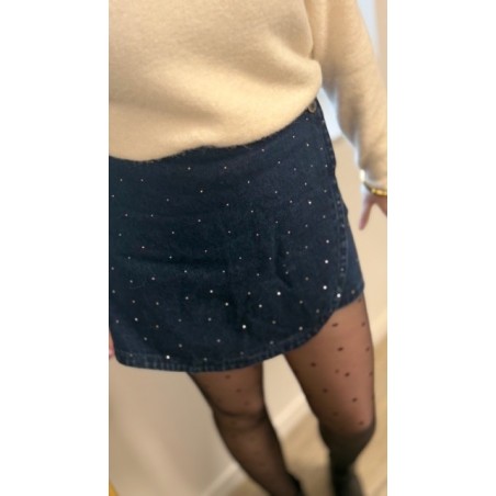 Jupe-short en jean foncé à strass – Femme | Mode chic & tendance