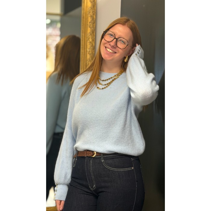 Pull fin doux bleu ou écru avec boutons manches – Femme | Boutique Melle Jeanne