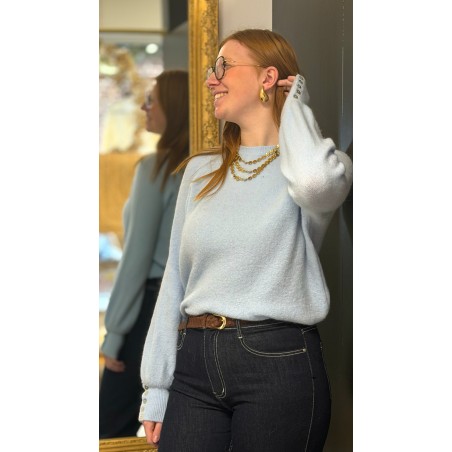 Pull fin doux bleu ou écru avec boutons manches – Femme | Boutique Melle Jeanne
