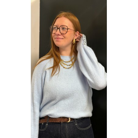 Pull fin doux bleu ou écru avec boutons manches – Femme | Boutique Melle Jeanne