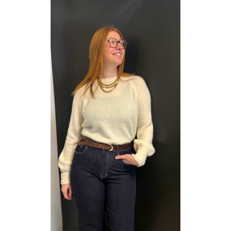 Pull fin doux bleu ou écru avec boutons manches – Femme | Boutique Melle Jeanne