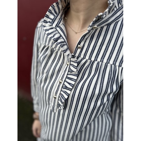 Robe courte droite blanche et bleue col volanté | Melle Jeanne