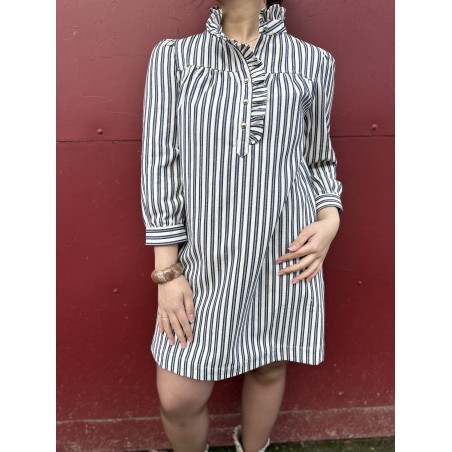 Robe courte droite blanche et bleue col volanté | Melle Jeanne