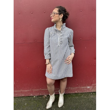 Robe courte droite blanche et bleue col volanté | Melle Jeanne