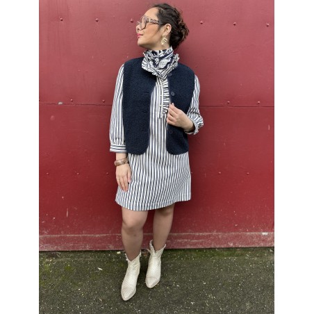 Robe courte droite blanche et bleue col volanté | Melle Jeanne