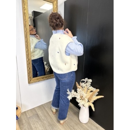 Gilet moumoute sans manches brodé écru ou beige | Melle Jeanne