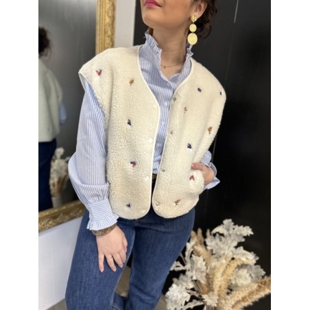 Gilet moumoute sans manches brodé écru ou beige | Melle Jeanne