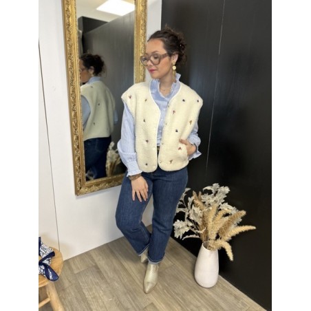 Gilet moumoute sans manches brodé écru ou beige | Melle Jeanne