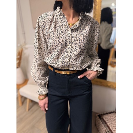 Chemise écru col volanté fleurs bleues – Chemise femme romantique