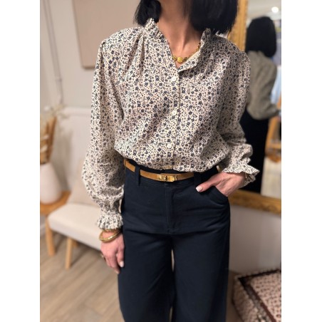 Chemise écru col volanté fleurs bleues – Chemise femme romantique