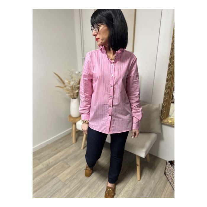 Chemise rose rayée bleu marine col victorien – Chemise femme 100% coton