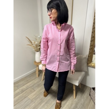 Chemise rose rayée bleu marine col victorien – Chemise femme 100% coton