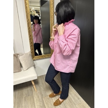 Chemise rose rayée bleu marine col victorien – Chemise femme 100% coton